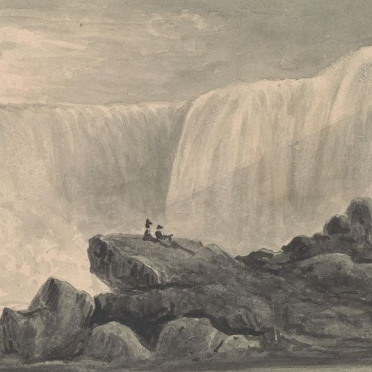 View of Niagara Falls with Two Figures Sitting on a Rock Center Foreground
