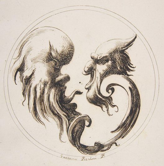 Two Grotesque Heads Facing One Another within a Circle