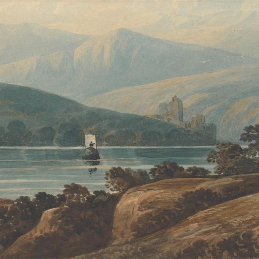 Landscape in Wales with Castle, Lake, and Rocky Foreground