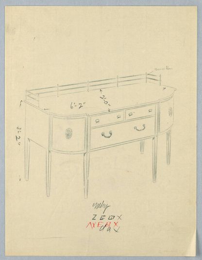 Design for Sideboard with Brass Rail and Rounded Corners