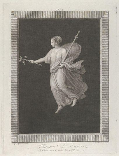 A bacchante holding a sword in her left arm and a branch with fruit in her right hand, set against a black background inside a rectangular frame