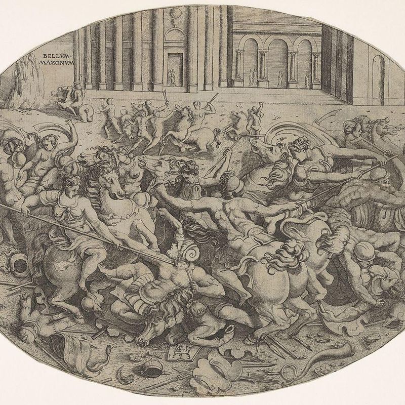 Combat between Amazons and men in front of architectural arcades, an oval composition with weapons, headgear, and bodies strewn along the bottom margin