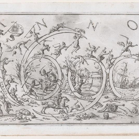 'Anno 1690' (the Year 1690), with numerous warring figures clambering on and hanging from the numbers, allusions to the Four Elements and the Four Continents