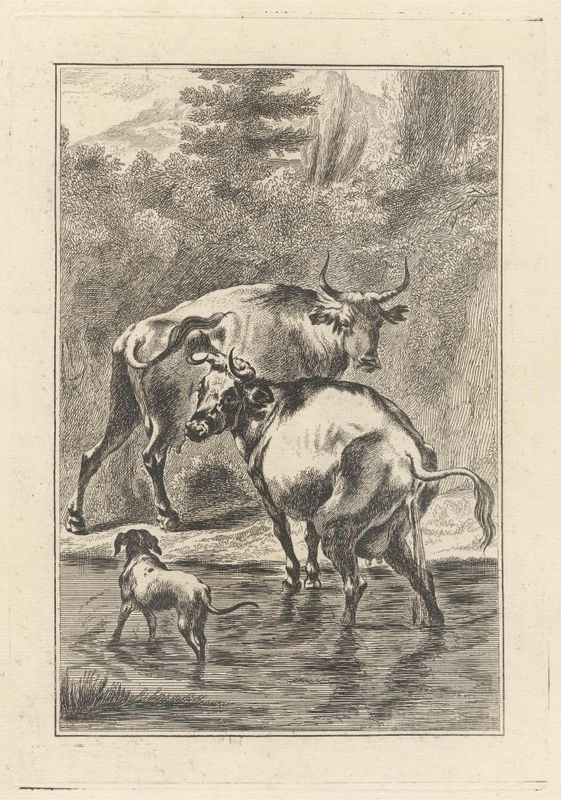 Two cows and a dog in a stream, Pl. for 'A New Drawing Book.of Beasts in Various Actions' (1 of 9)