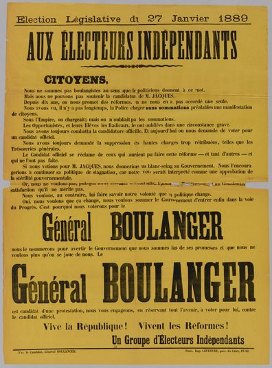 Election Législative du 27 Janvier 1889/ AUX ELECTEURS INDEPENDANTS/ CITOYENS,/ Nous ne sommes pas boulangistes au sens que les politiciens donnent à ce mot.