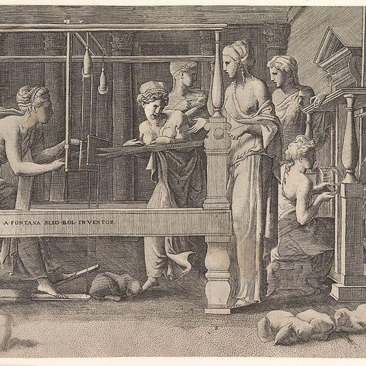 Women spinning, weaving and sewing