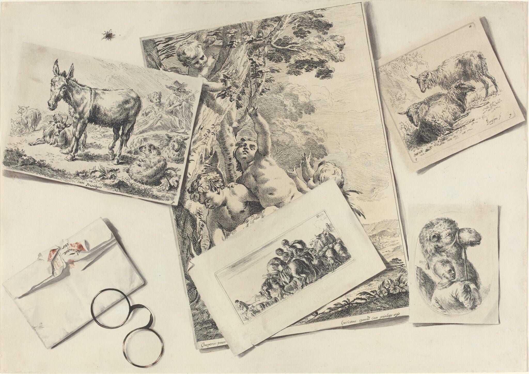 Trompe l'Oeil: Old Prints, a Torn Envelope with Horn-rimmed Glasses, and a Housefly