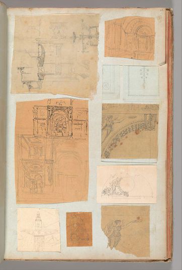 Page from a Scrapbook containing Drawings and Several Prints of Architecture, Interiors, Furniture and Other Objects