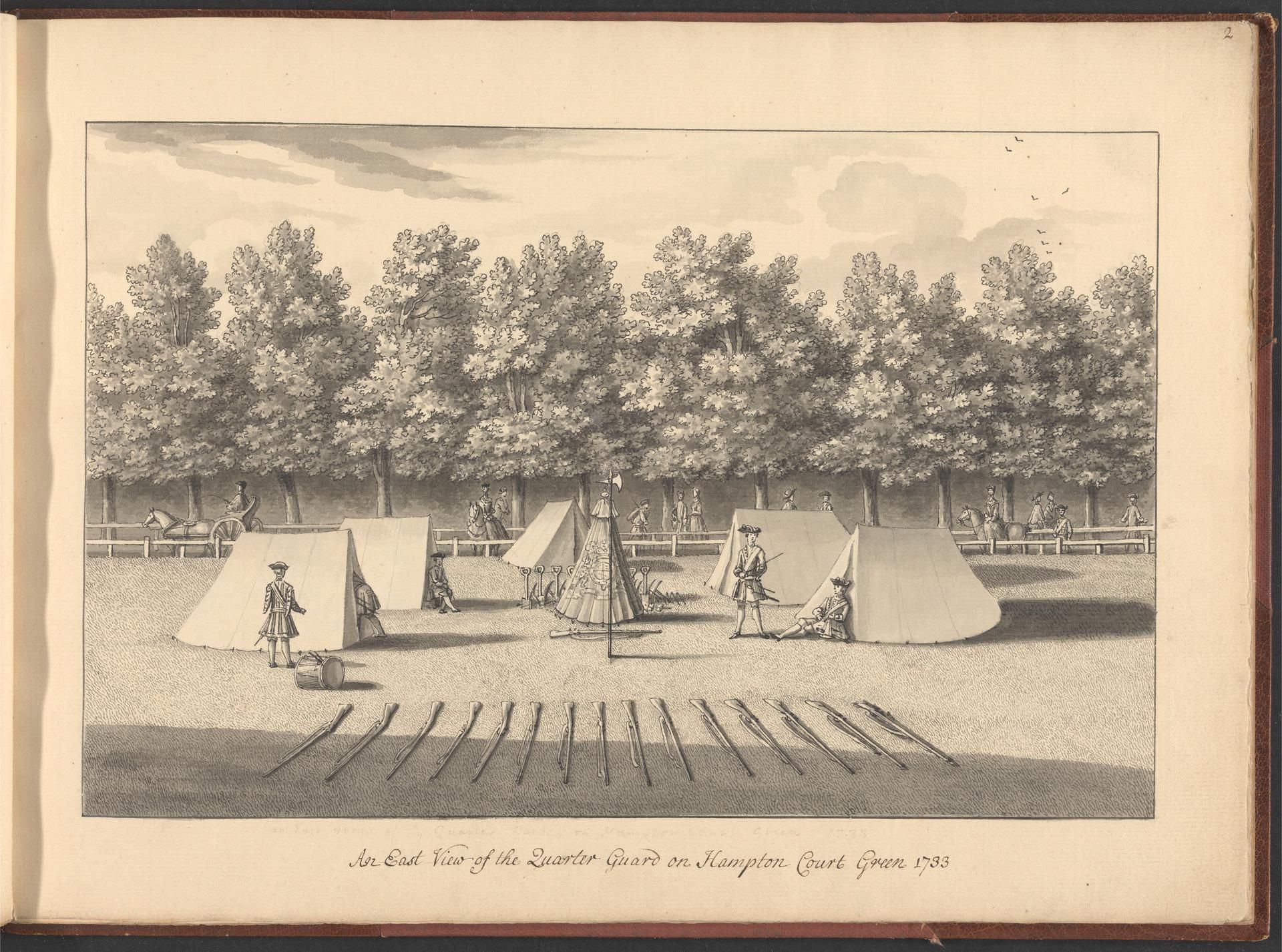 A Volume of ten drawings of Hampton Court taken by the life - An East View of the Quarter Guard on Hampton Court Green 1733