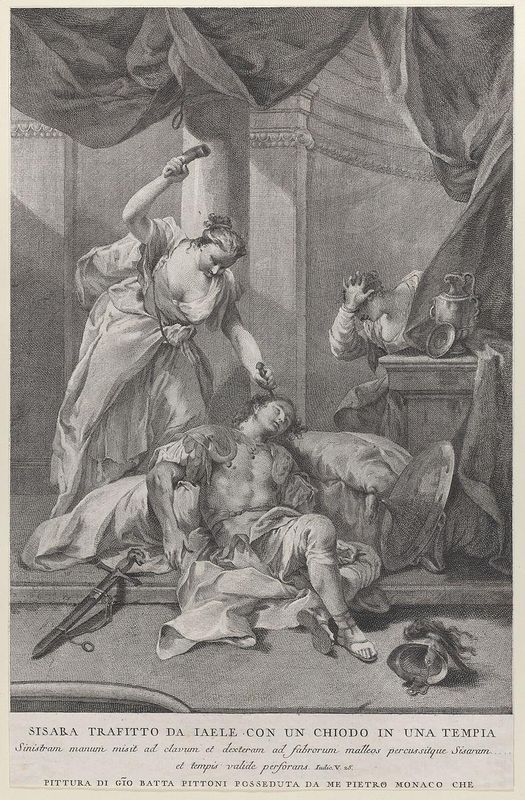 Jael hammering a tent peg into the temple of the sleeping Sisera, to the right a servant hides behind a curtain; from the series of 112 prints of the sacred history, after the painting by Giovanni Battista Pittoni