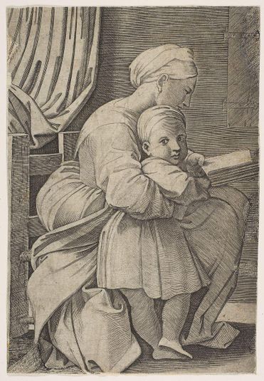 The Virgin in profile facing right reading to the infant Christ