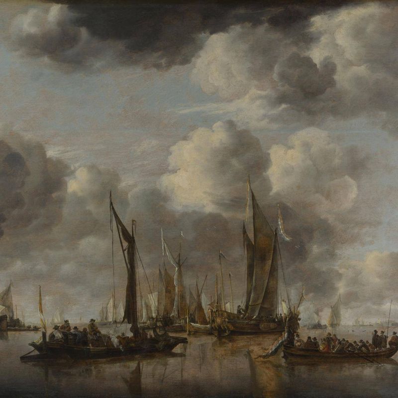A Dutch Yacht firing a Salute as a Barge pulls away, and Many Small Vessels at Anchor
