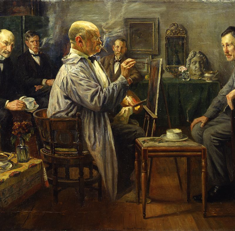 The painter Zahrtmann in his studio in Amaliegade surrounded by his students