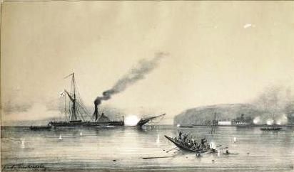 Steamship Kolkhida fighting the Turkish boats at the St. Nicholas Fort near Poti, Georgia during the Crimean War in 1853