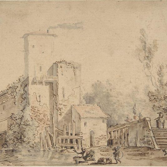 Farm House by a River with Figures