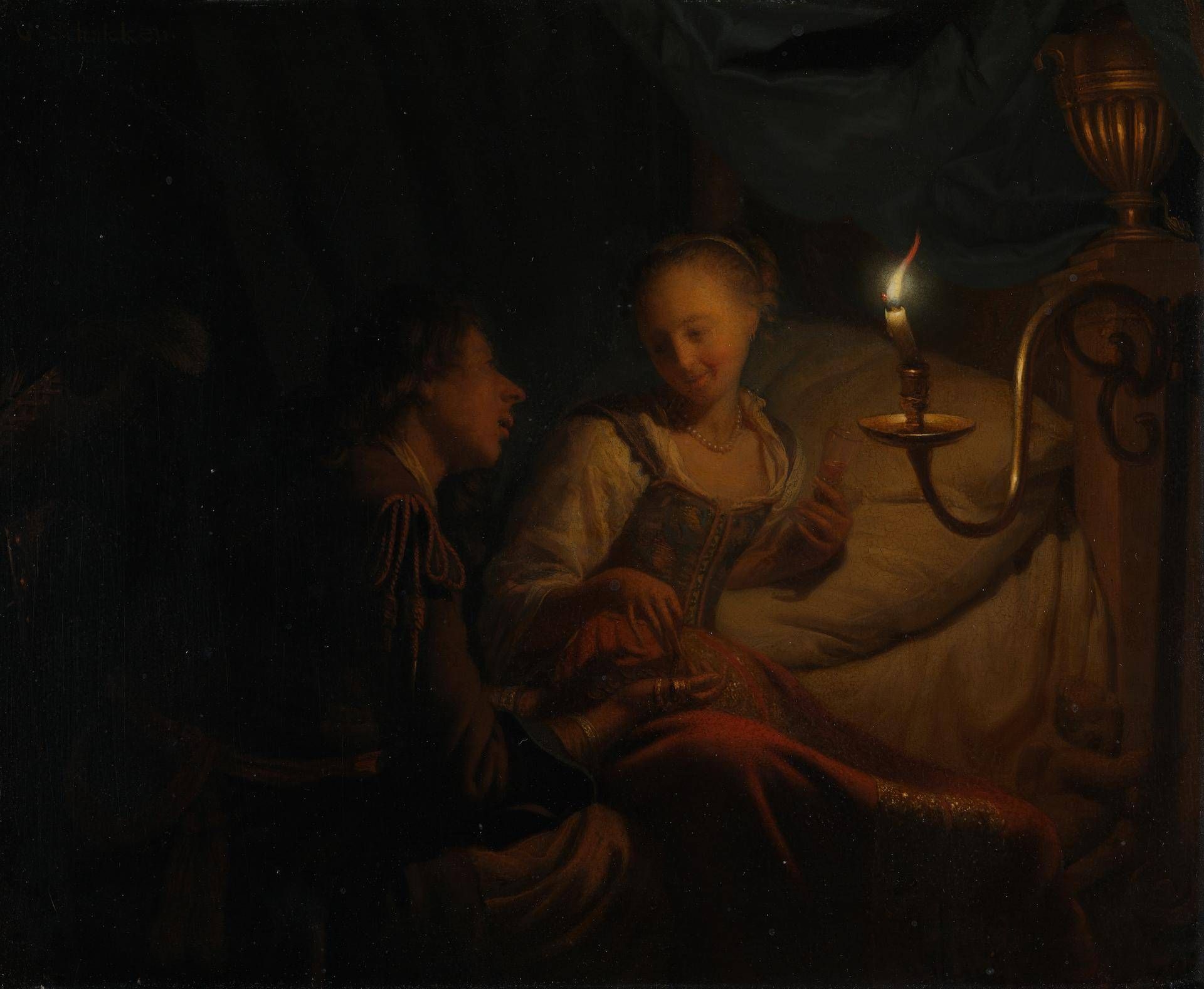 A Candlelight Scene: A Man offering a Gold Chain and Coins to a Girl seated on a Bed