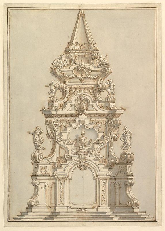 Elevation for a Catafalque Surmounted by Squat Obelisk, Decorated with Statues of Putti and Female Figures