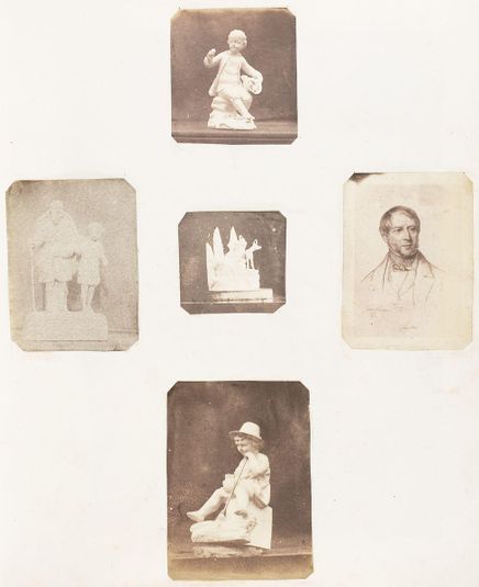 [Figurine of Young Boy Holding Apples; Cabinet Card of a Man; Figurine of a Young Child with a Hat; Sculpture of a Man with Child; Sculpture with Animal]