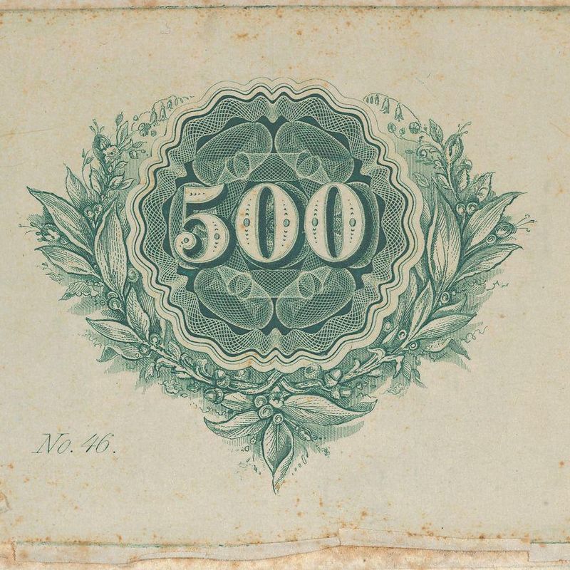 Banknote motif: number 500 at the center of a circular design of lathe work with wavy edges, surrounded by an open wreath of leaves, berries and flowers