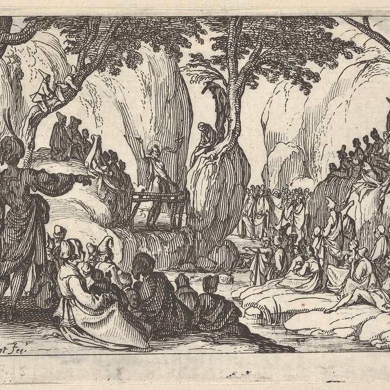 Saint John Preaching in the Desert (Saint Jean Préchant dans le Désert), with arm upraised, surrounded by male and female figures in a rocky setting