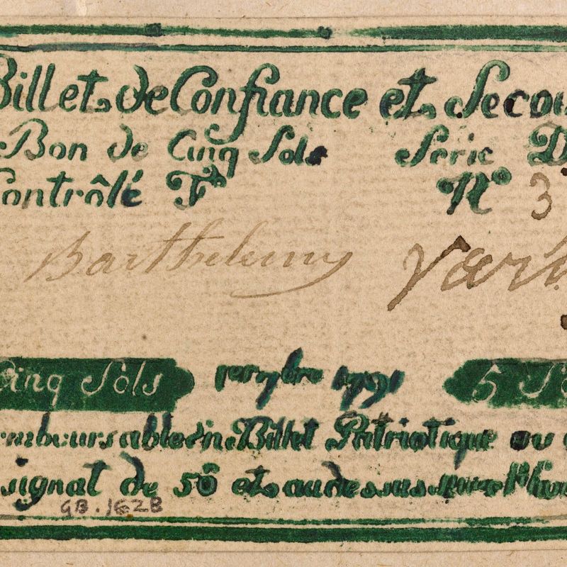 Billet de confiance et de secours de 5 sols, caisse de confiance du 695 rue Saint-Honoré, série D, n° 39-I, 1er 7bre 1791