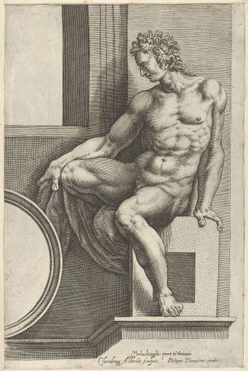 A naked man (Ignudo), seated facing left, holding a piece of fabric, after Michelangelo's 'The Last Judgment' fresco in the Sistine Chapel