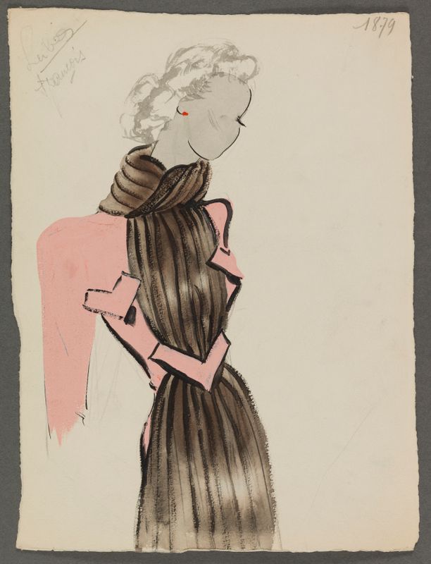 Manteau rose clair avec col écharpe en fourrure brune travaillée en bandes descendant sur le devant, 1938, Fonds d'arts graphiques de la maison Max Fourrures