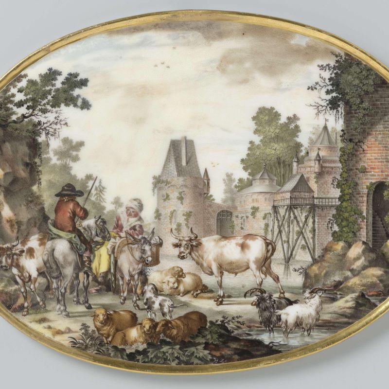 Twee ovale platen met figuren en vee in een rivierlandschap