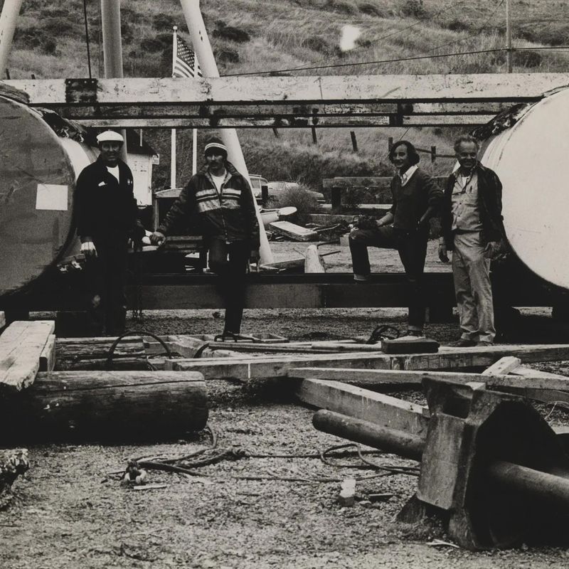 Running Fence, Sonoma and Marin Counties, California, 1972-76, Workers stand by catamaran barge drums for buoy in construction yard