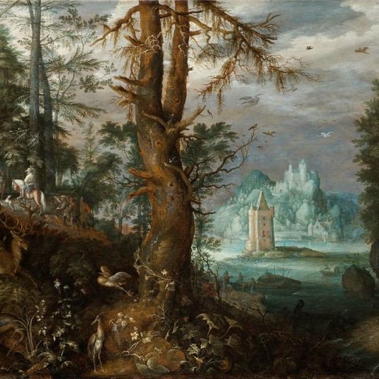 Forest Scene with Hunters