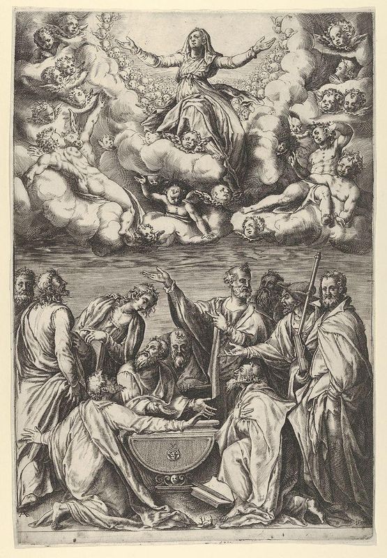 The Assumption of the Virgin with the Virgin surrounded by cherubs and with the Apostles Below