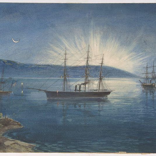 The Bay of Bull Arms, Trinity Bay, Newfoundland, Bonfires Lighted on the Hills to Notify of the Arrival of the Cable Fleet on August 5th, 1858