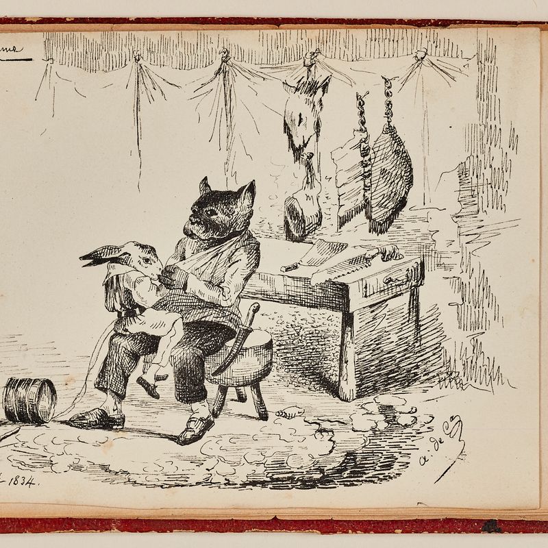 Copie du dessin de J.J. Grandville « Dis donc enfant de chien est-ce que tu ne veux pas embrasser ton père ? » paru dans "Le Charivari", le 23 février 1833