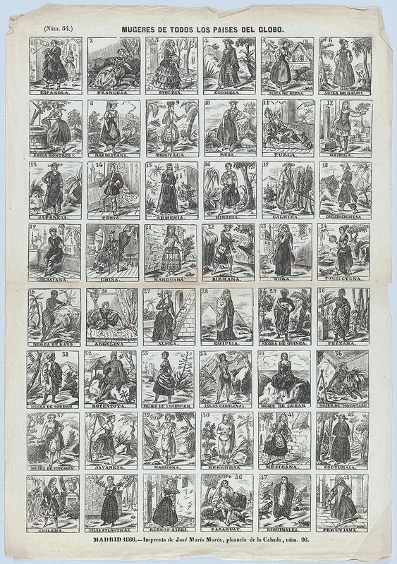 Broadside with 48 scenes showing different women of the world
