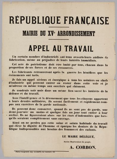 REPUBLIQUE FRANCAISE/ MAIRIE DU XVe ARRONDISSEMENT/ APPEL AU TRAVAIL