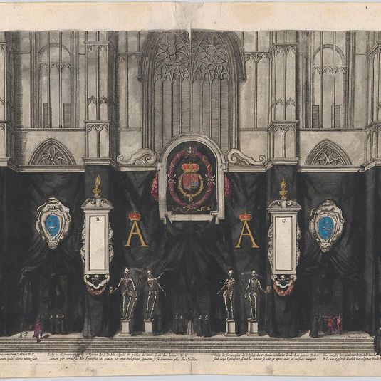 Plate 1: Figures gathered before a curtained wall, decorated with three armorials with the coat of arms and symbols celebrating Archduke Albert, four skeletons on pedestals at center, gothic facade in background; from 'Pompa Funebris ... Alberti Pii'