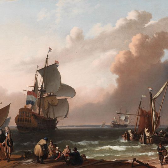 Coastal Scene with a Man-of-War and other Vessels