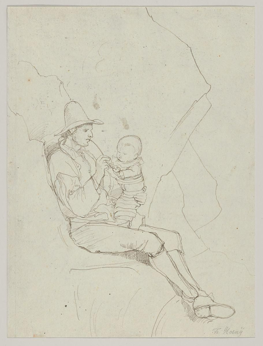 A Seated Italian Shepherd with a Small Child on his lap; verso: A Southern Landscape with a Woman Carrying a Jar on her Head