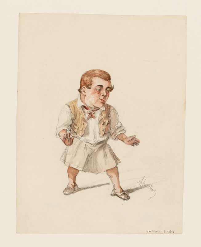 Portrait charge de Luguet (1813-1904) en costume de scène au Théâtre du Palais-Royal.