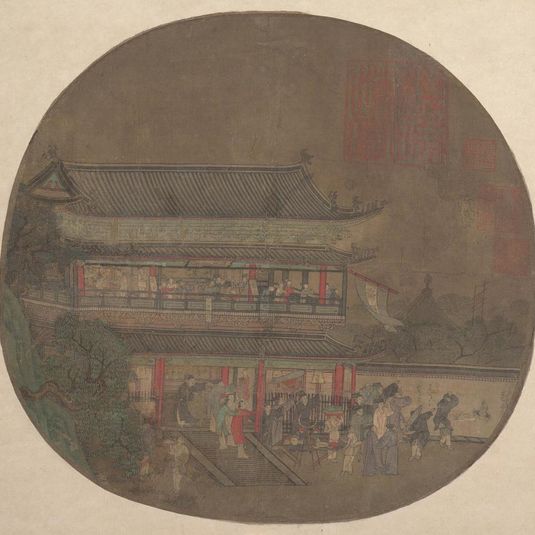 南宋/元 佚名 呂洞賓過岳陽樓圖 扇 The Immortal Lü Dongbin Appearing over the Yueyang Pavilion