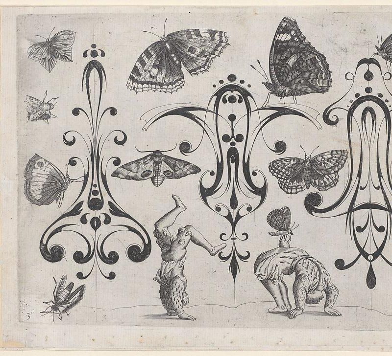 Blackwork Designs with Acrobats, Butterflies and Other Insects, Plate 3 from a Series of Blackwork Ornaments combined with Figures, Birds, Animals and Flowers