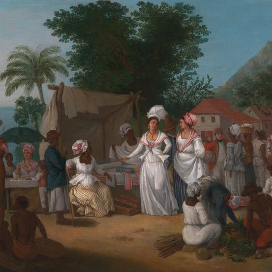 A Linen Market with a Linen-stall and Vegetable Seller in the West Indies