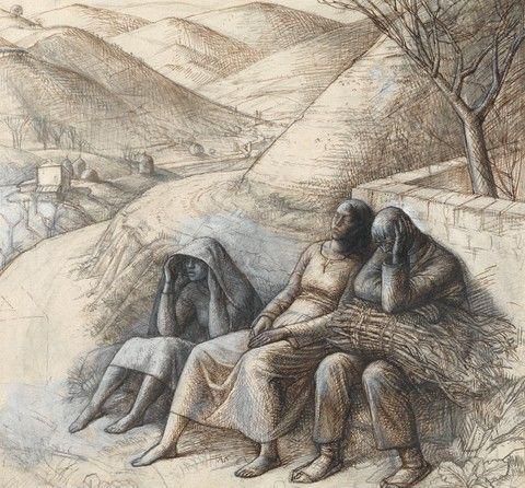 Three Figures Resting by a Roadside