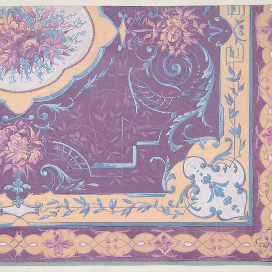 Wallpaper design featuring bouquets of roses, strapwork, and rinceaux