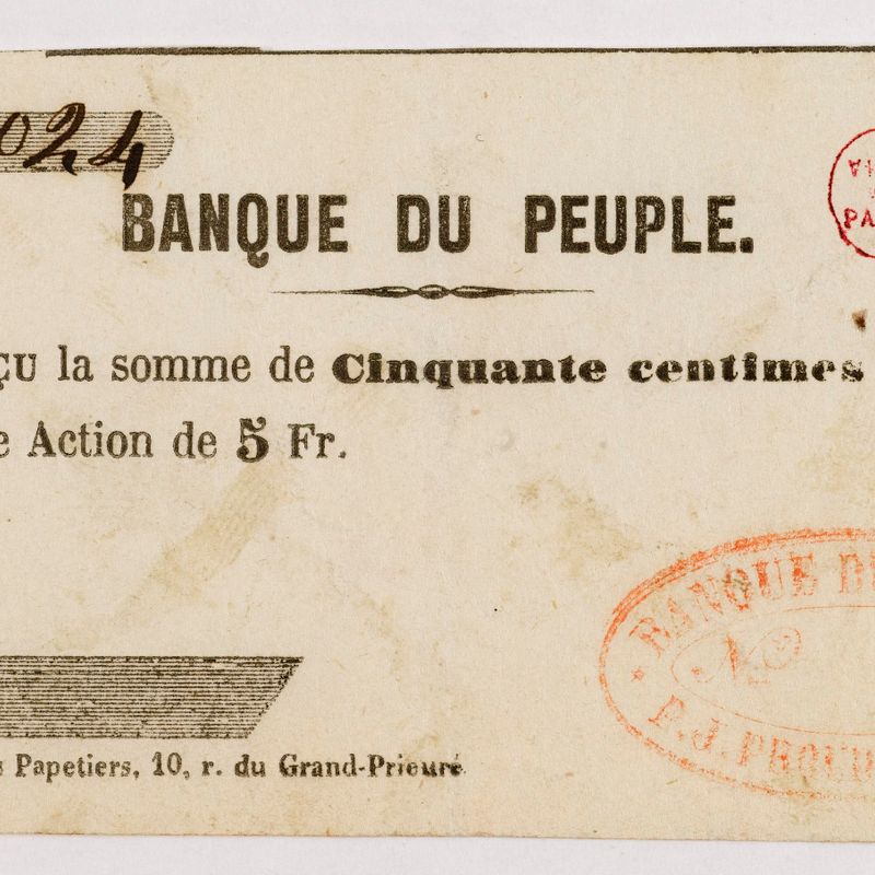 Reçu de 50 centimes à valoir sur une action de 5 francs, Banque du Peuple, N° 3024