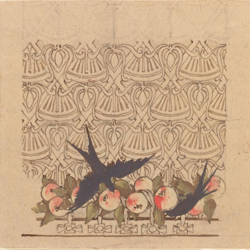 Ornamental design with two birds pecking at fruit