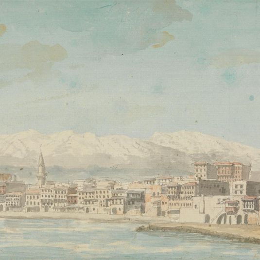 Views in the Levant: View of Harbor Town With Flagpole at Right, Seen From Sea