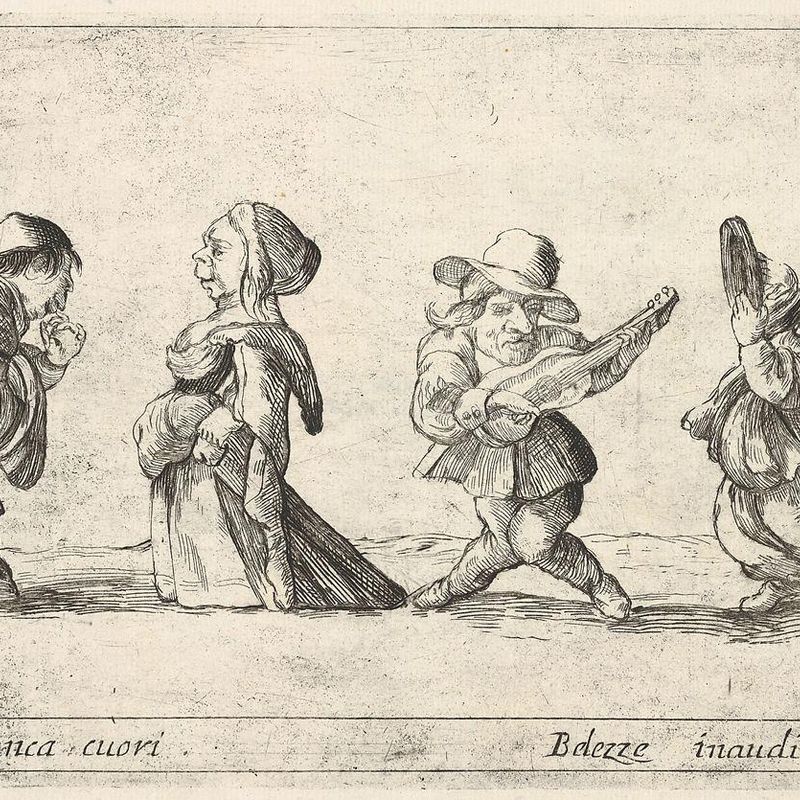 Callot figures; a well-dressed dwarf man to left declaring his love to an old dwarf woman to left, a dwarf man playing the guitar and a dwarf woman dancing with a tambourine to right, from 'Six grotesques' (Six pièces de figures grotesques)