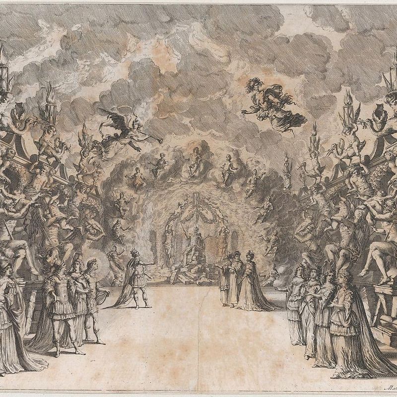 The Seat of Saturn; Saturn at center, seated on a throne of rubble, conversing with a king and three men who stand before him; lining the walls on each side are four figures of Saturn devouring children; set design from 'La Monarchia Latina Trionfante'