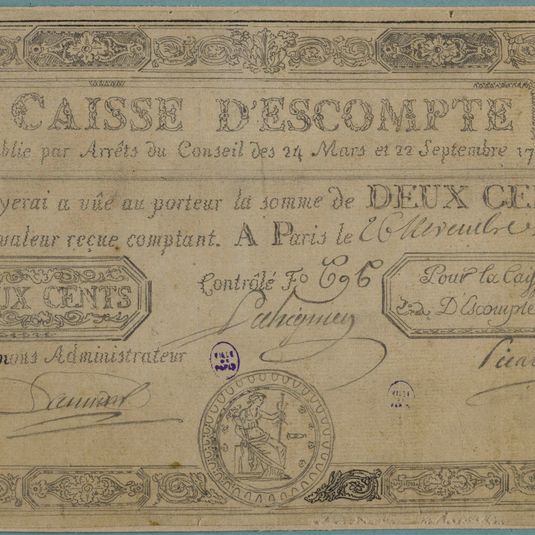 Billet de 200 livres, Caisse d'escompte, n° 574-Y, Contrôle F° 696, 26 novembre 1789